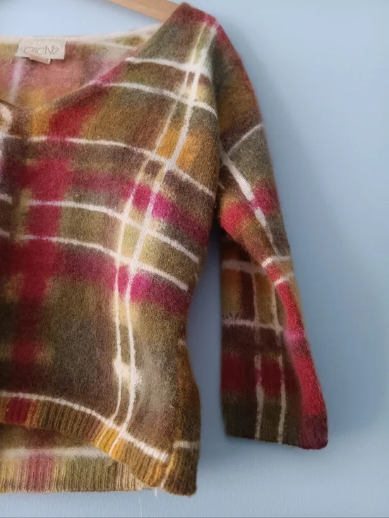 Vintage Cache Angora Blend Plaid Sweater M Fuzzy Cropped V Neck Knit - Picture 3 of 9